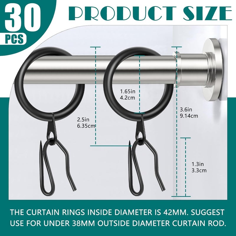 Dpyrrhic 30Pcs Metal Curtain Rings 42mm Interior Diameter and 30 Pcs Curtain Drapery Pin Hooks,Black Curtain Hooks for Drapes,Window,Shower Curtain - Image 2